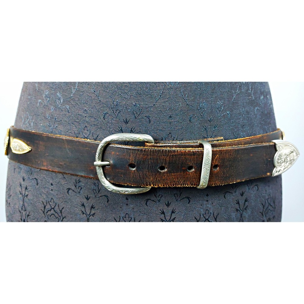 Western Americana Leather Belt w/ Silver-Tone Engraved Buckle & Conchos Mens 36